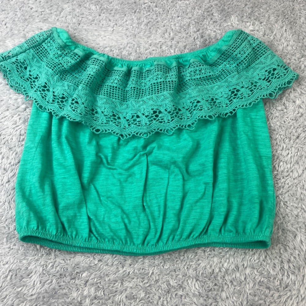 Wet Seal Tube Top Womens L Green Crochet Lace Ruffle Cotton Coquette Boho - Picture 3 of 5